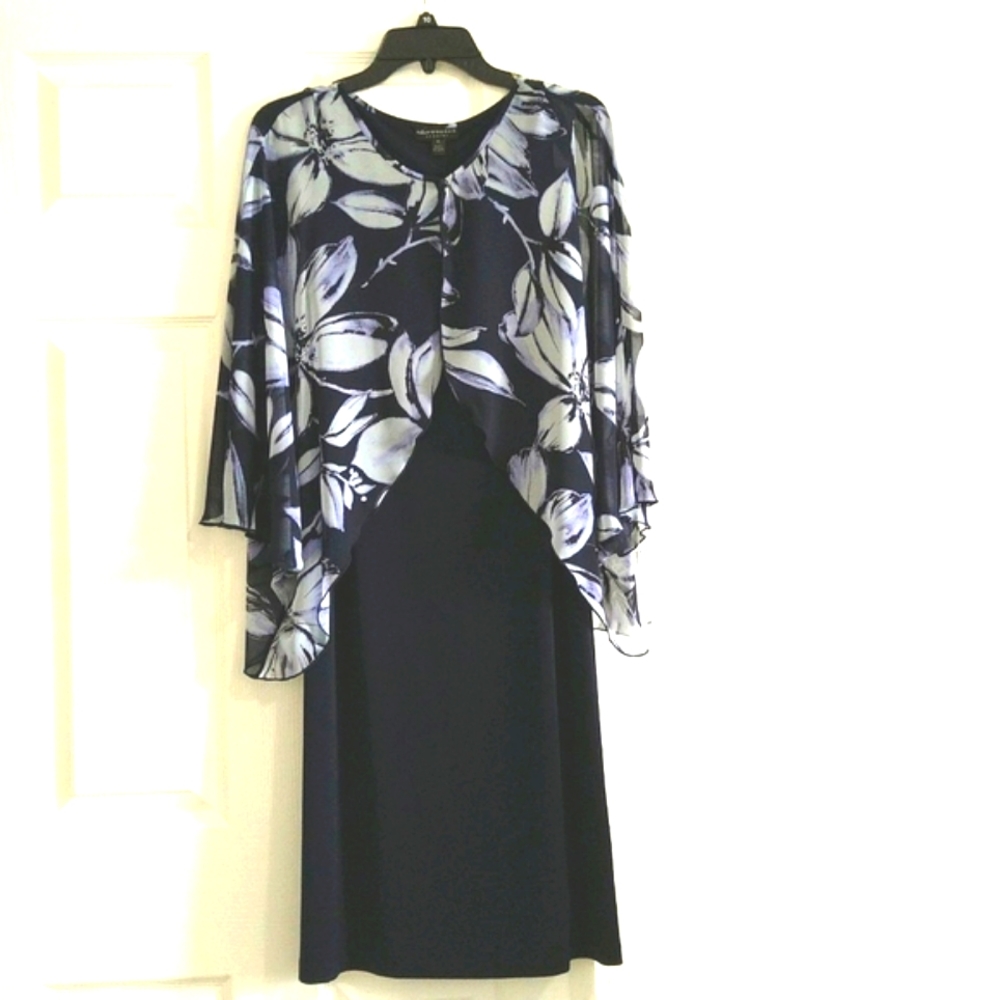 Connected apparel - women's navy blue & white floral chiffon cape dress Size 10 - Picture 3 of 11